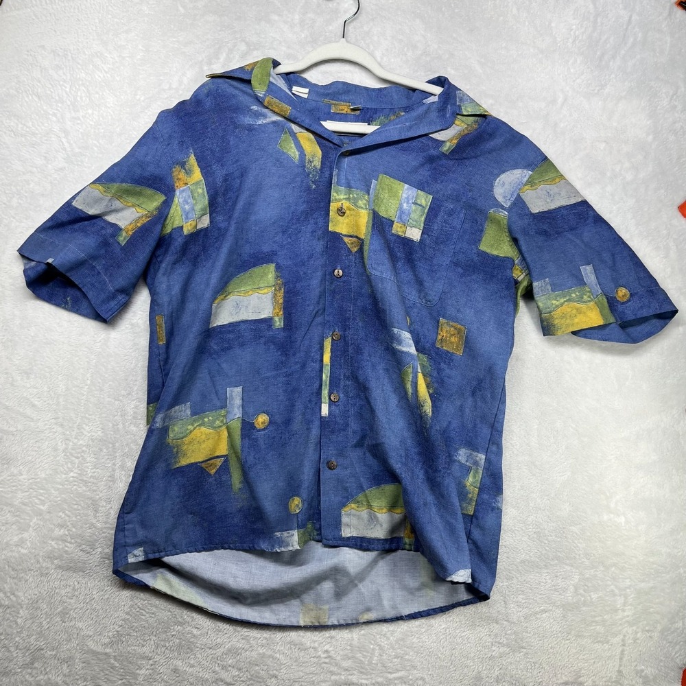 VTG Georg Roth Short Sleeve‎ Button Up Shirt Men's Blue Geometric Classic Large